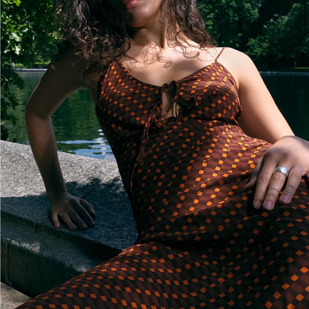 acacia swimwear Brown and Orange Diamond-Print Slip Dress